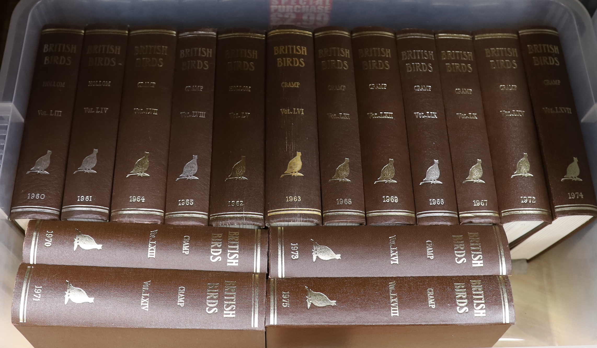 British Birds - vols. 40-102 (1947-2009). many photo and other illus. (some coloured); uniformly bound in gilt ruled brown cloth, pictorial gilt and lettered on spines, cr. & roy. 8vo. (62)